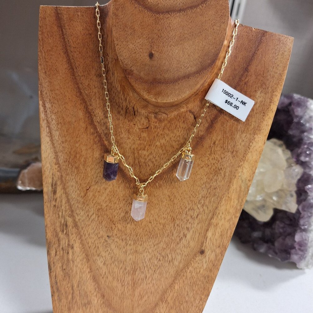 "Paradise" Genuine Rose Quartz, Amethyst, and Quartz Point Necklace